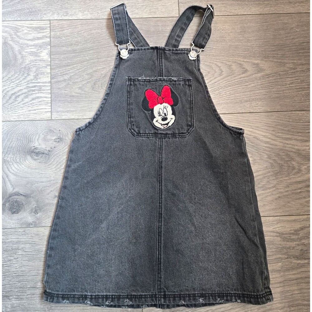 ZARA Disney Girls 4-5 Black Denim Minnie Mouse Pinafore Overall Dress Distressed